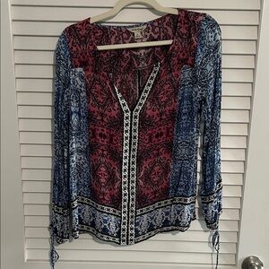 Lucky Brand Women's Red and Blue Patterned Blouse